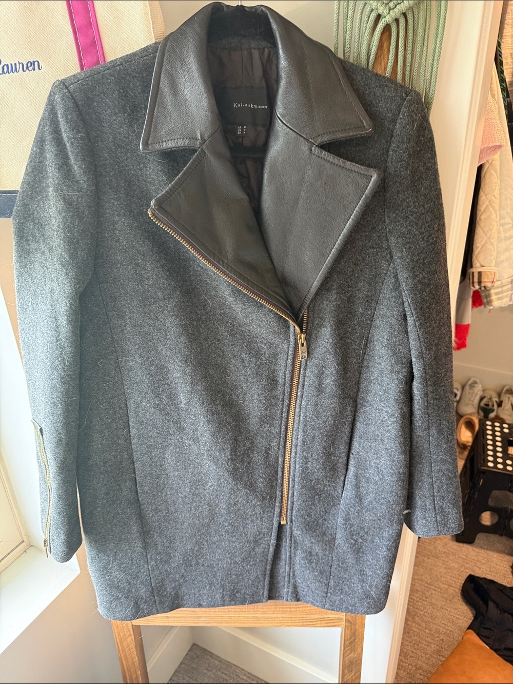 Kai-aakmmm Charcoal Gray Wool-Blend Trench with Black Faux-Leather Lapel